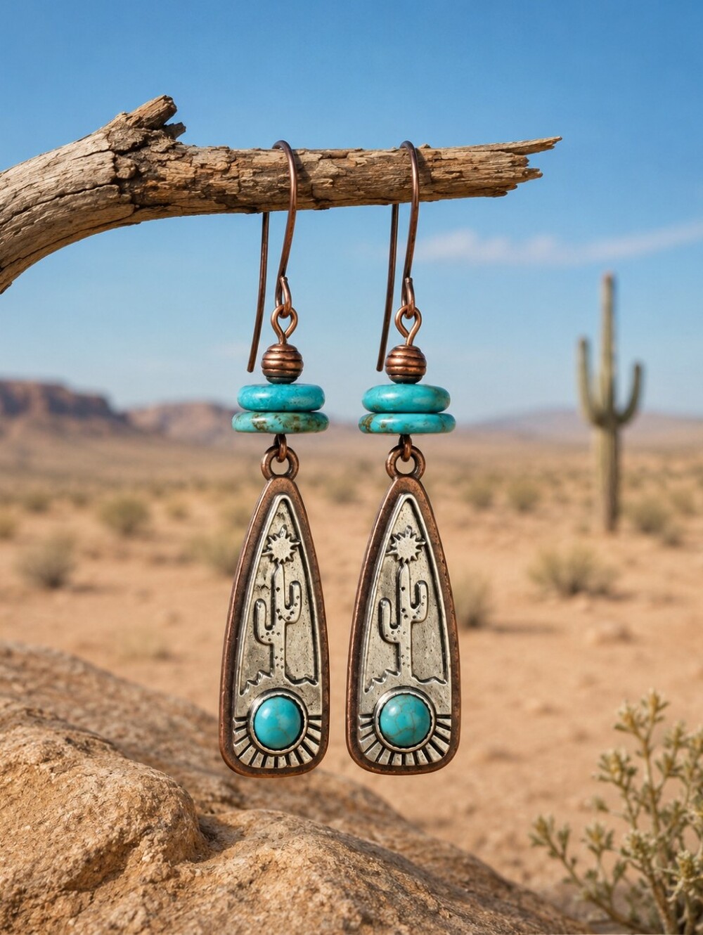 Turquoise Cactus Earrings Copper Silver Southwest Jewelry Hand Crafted